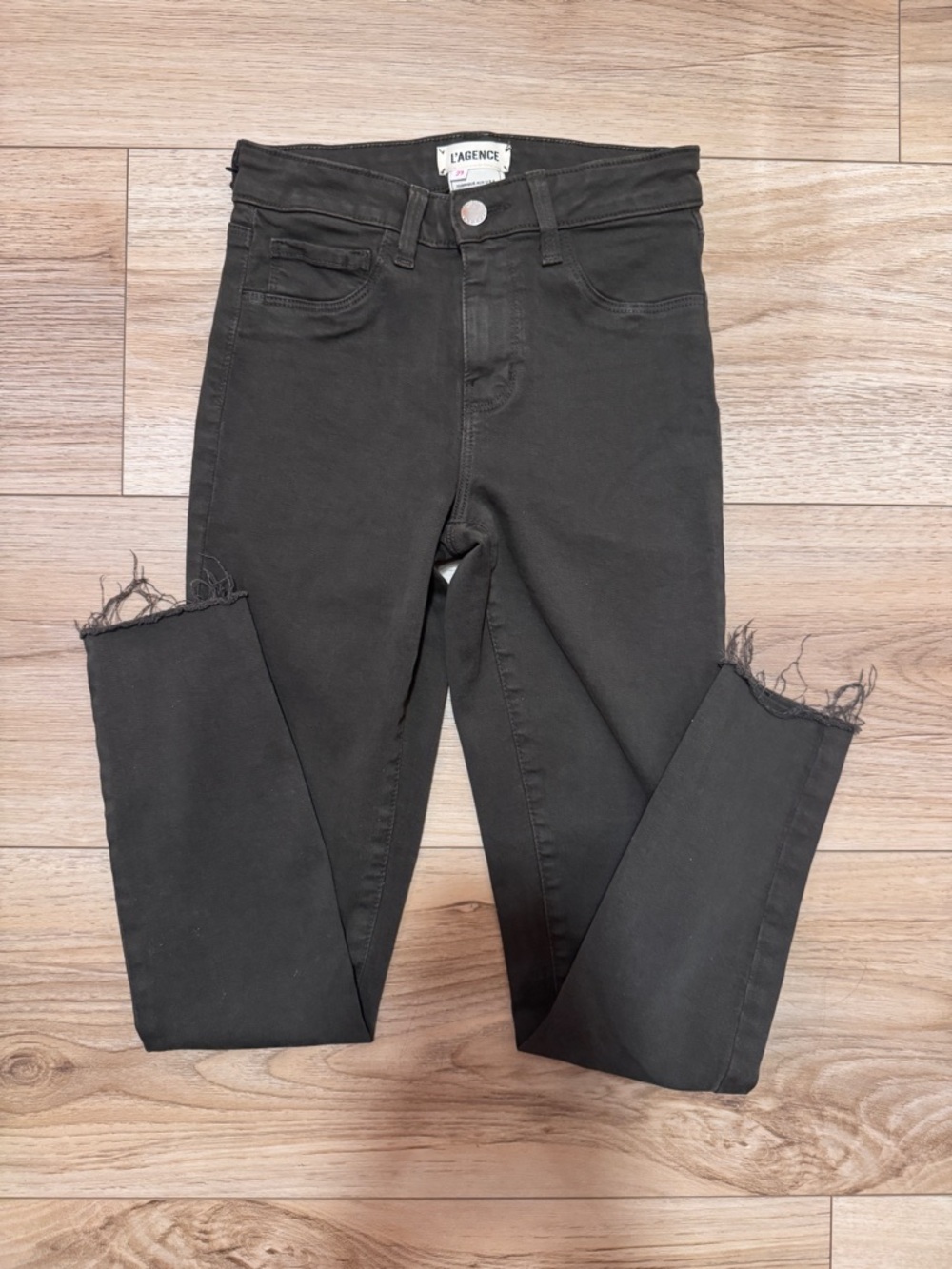 L’AGENCE Margot High Rise Skinny Jeans Army Green Fray Ankle Hem Size 23 - Picture 4 of 7